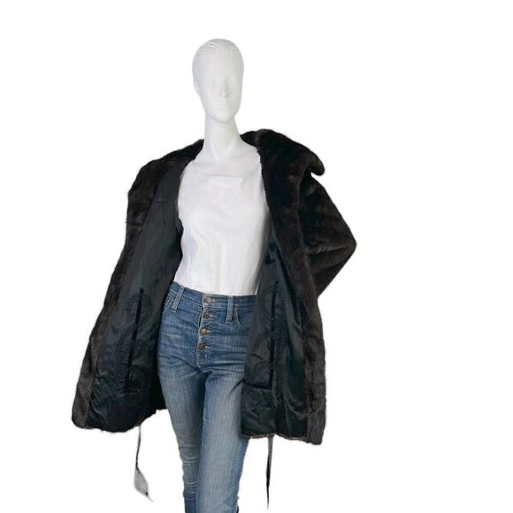 Sakowitz Vintage Mob Wife Dark Brown Mink Stroller Coat Leather Sash Size S/M - Picture 11 of 16